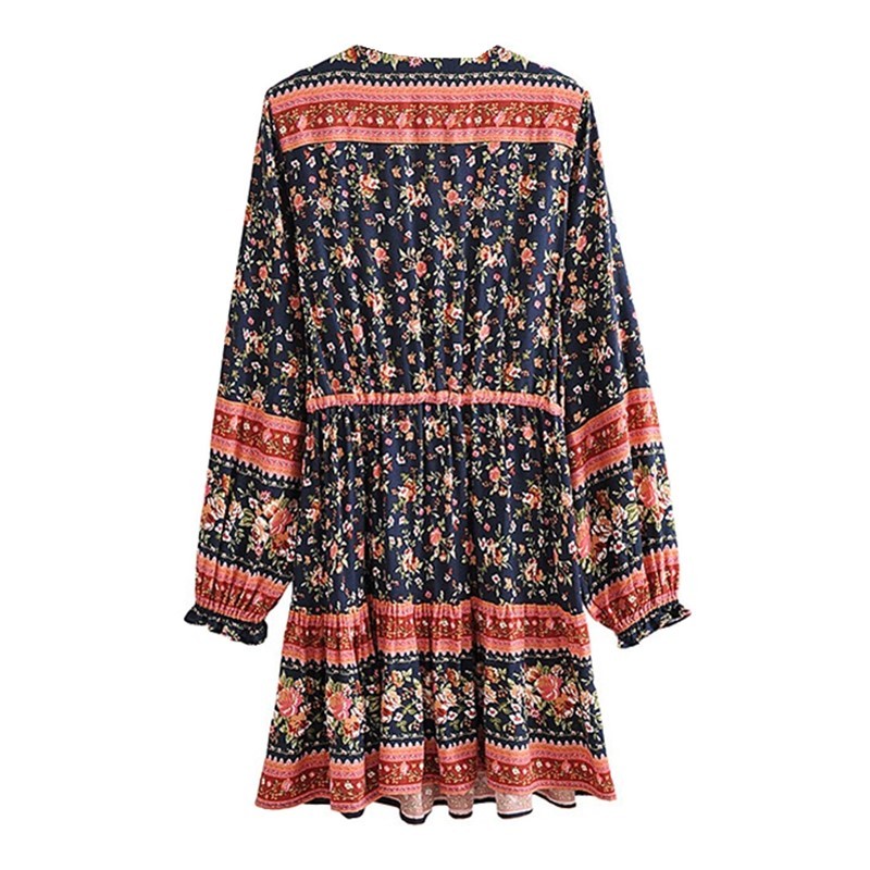 Bohemian Buttons Collar Floral Print Long Sleeve Short Dress Hippie Woman Adjustable Lacing up Waist Holiday Dresses BOHO 210429