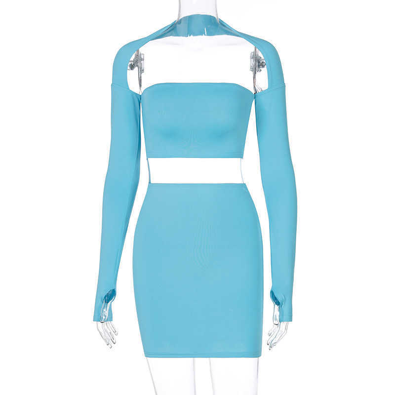 Colysmo Blue Skirts Sets Cut out Backless Long Sleeve Halter Top High Waist Bodycon Mini Suit Women Sexy Club Outfits 210527