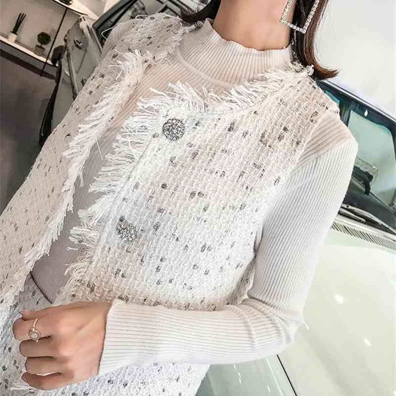 Autumn And Winter Runway Tweed Set White Tassel Rough Buckle Long Vest For Women 2 Pieces Shorts 210520