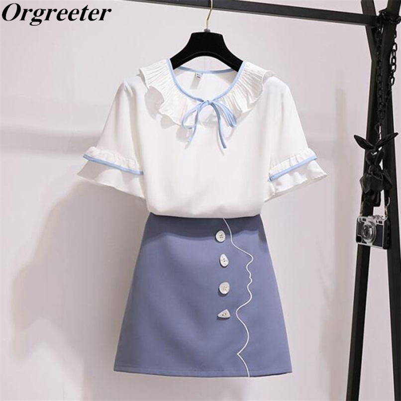 Elegant Ladies Embroidery single-breasted A-line Skirt Chiffon Shirt 2 piece set Summer Short Sleeve Ruffles Suit 210602, Blue
Elegant Ladies Embroidery single-breasted A-line Skirt Chiffon Shirt 2 piece set Summer Short Sleeve Ruffles Suit 210602, Blue