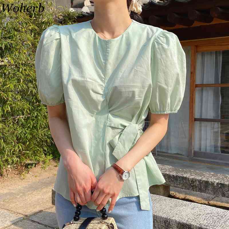 Korean Chic Green Blouse Women Solid Blusas Puff Sleeve Bandage Femme Gentle Shirts Office Summer Casual 210519