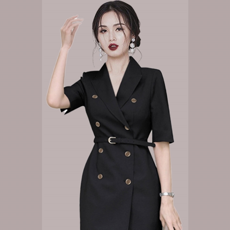 Arrival Korean Fashion Chic Double Breasted Black Dresses For Women Office Lady Short Sleeve Summer Robe 210520