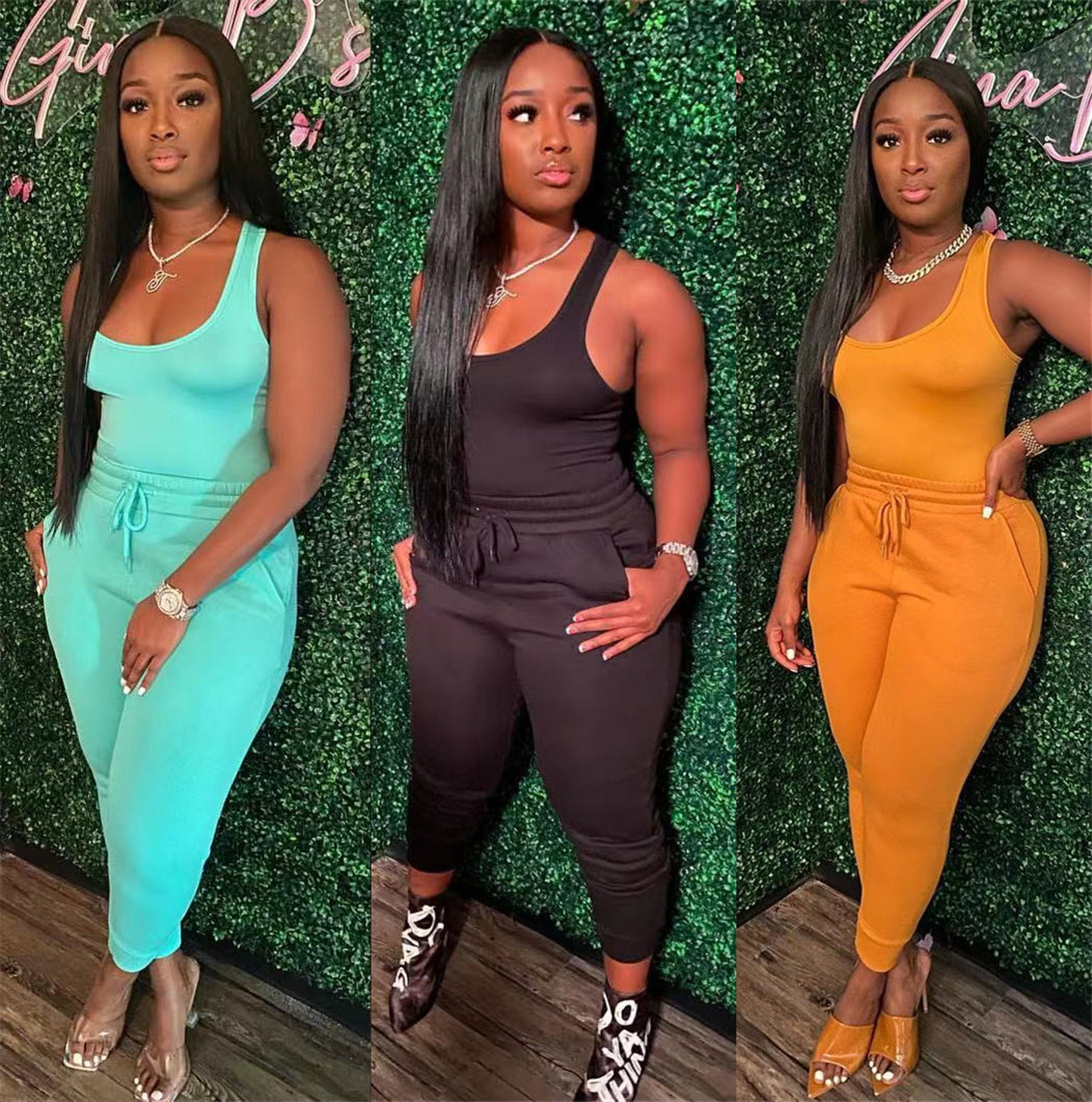 New Fall Clothes Women Outfits Summer Solid Tracksuits Sleeveless vest Shirt+pants Two Piece Set Casual Black Sportswear Outdoor Jogger Suit blue swea