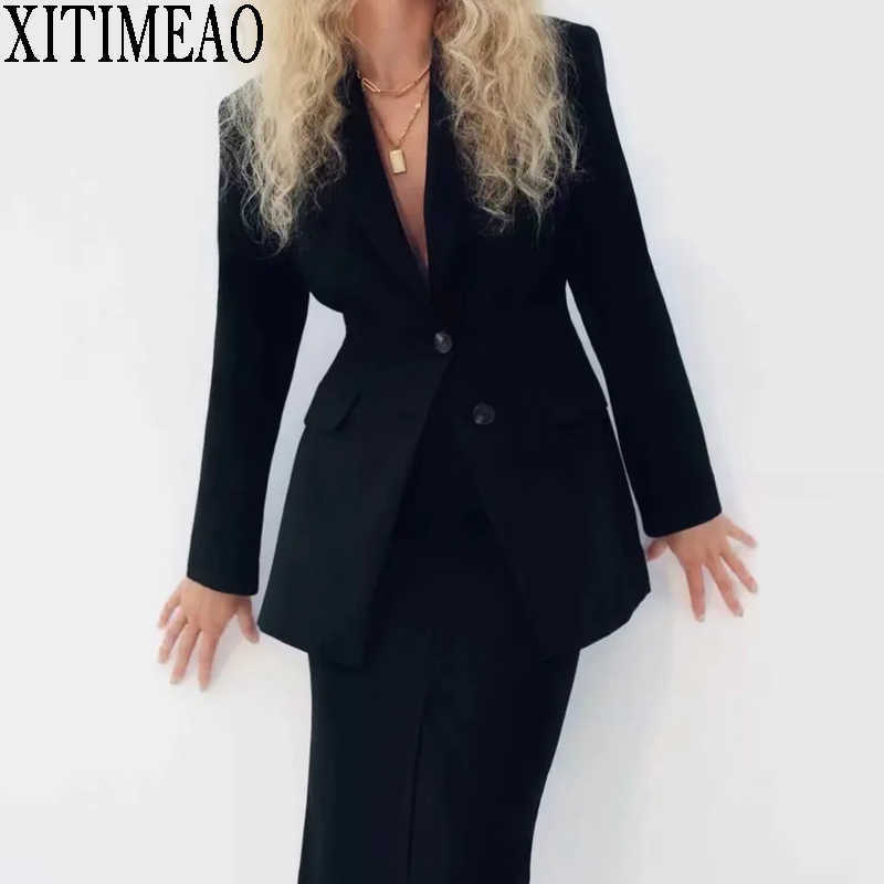 XITIMEAO Women Fashion Office Wear Waistless Suit Blazer Coat Vintage Long Sleeve Pockets Female Suit Skirt Chic Tops 210602