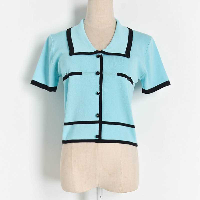 Hit Color Turn Down Collar Crop Cardigan Fresh All-match Thin Knit Blouses for Women Elegant Office Lady Woman Tops Summer 210525