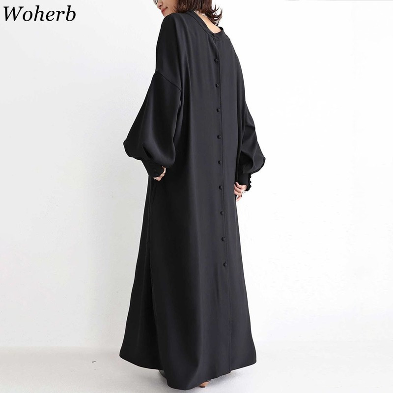 Japanese Style Casual Loose Maxi Dress Women Long Lantren Sleeve Shirt Dresses Vintage Robe Solid Vestido 210519