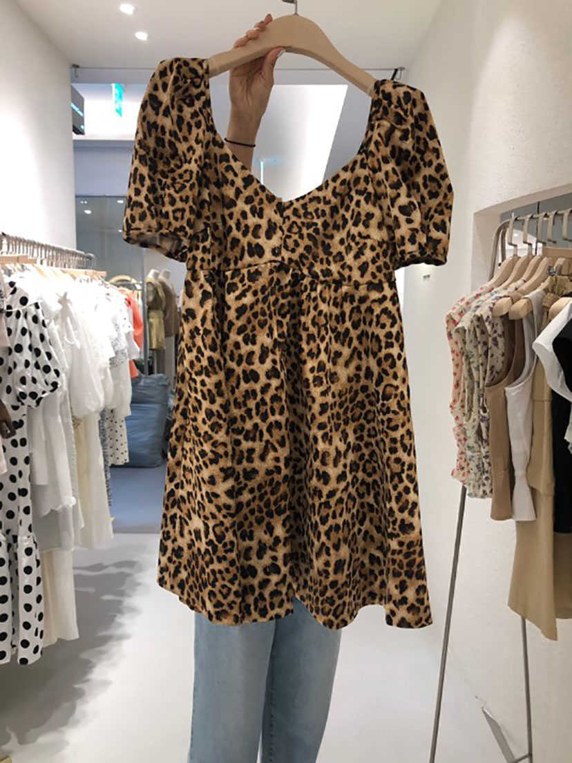 Summer Loose Waist Slim Leopard Print Patchwork Short-sleeved A Line Dresses for Women 210615