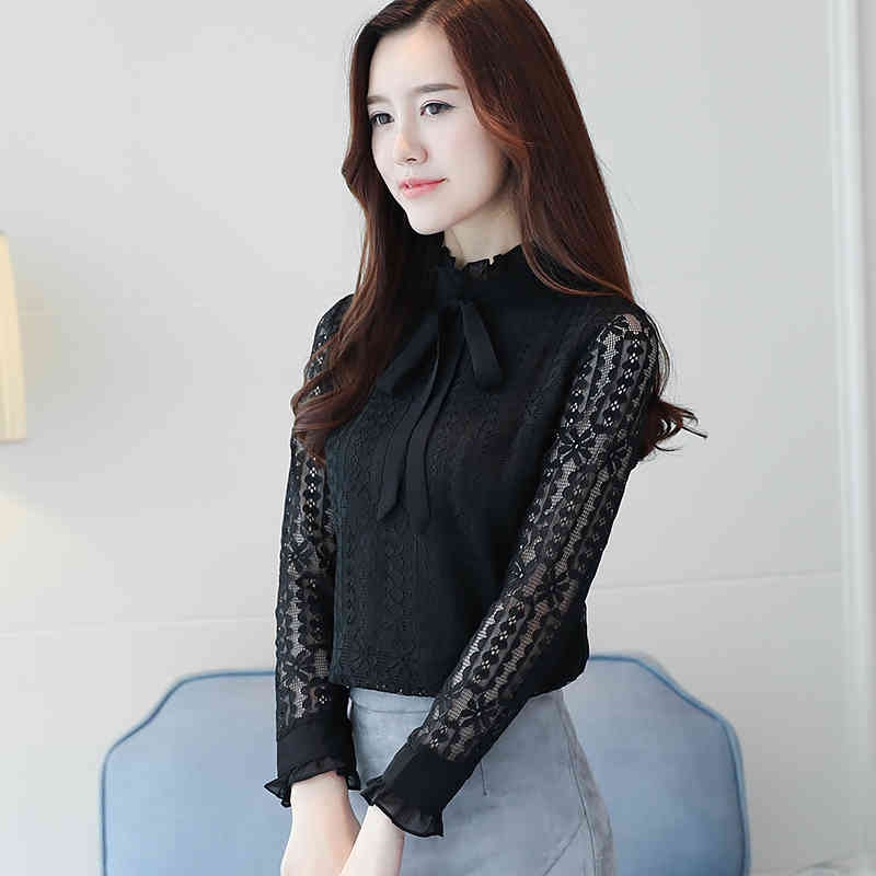 long sleeves women clothing solid lace blouse blusas casual plus size bow stand neck shirts clothes C871 30 210506