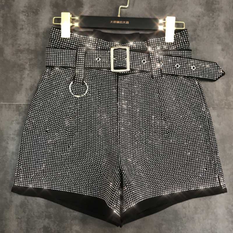 Drilling Heavy Industry High Waist Shorts Women Autumn Winter Diamond 2021 Fashion Belt Wide Leg Boots Women's