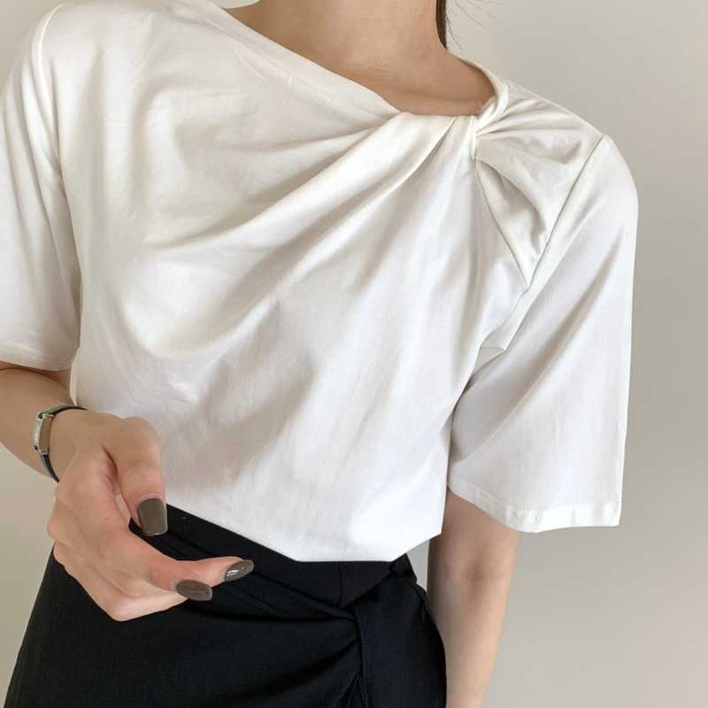 Korejpaa Women T-shirt Summer Korean Fashion Elegant Casual Irregular Round Collar Kink Casual Short-sleeved Tee Top Woman 210526