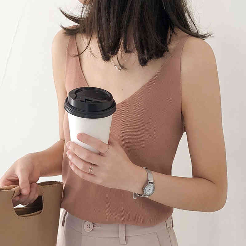 Summer Women Tank Tops Casual Shiny Ice Silk Knitted Camis Sleeveless Vest Sexy Deep V-Neck Party Solid Camisole Femme 210514