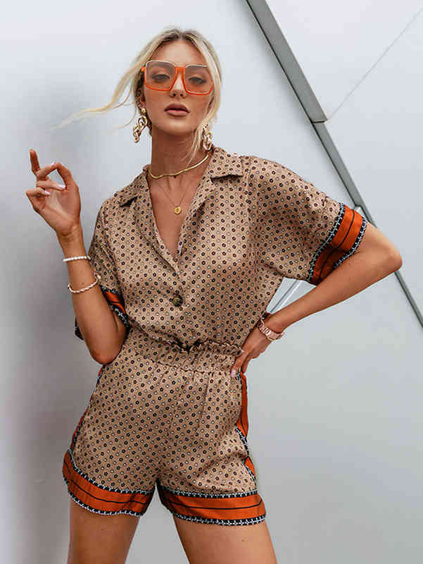 Women's Tracksuits satin silk and short sleeved women's wear, women's top, loose, with a row of buttons, casual and high waist