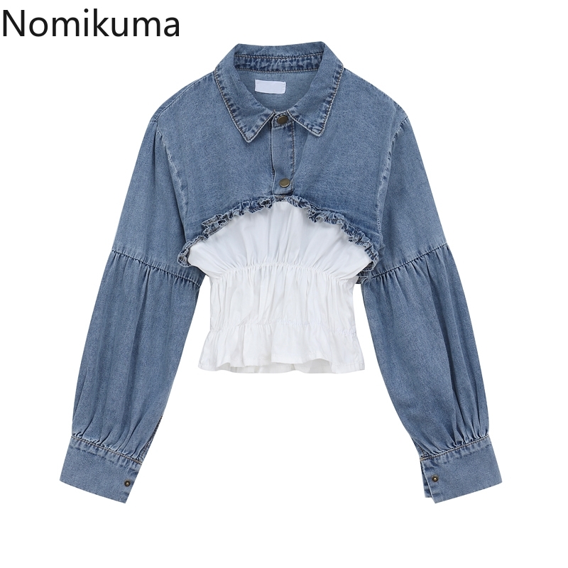 Nomikuma Short Korean Demin Patchwork Blouse Long Sleeve Turn-down Pullover Shirt Autumn New Sexy Crop Top Jeans Tops 6D557 210427