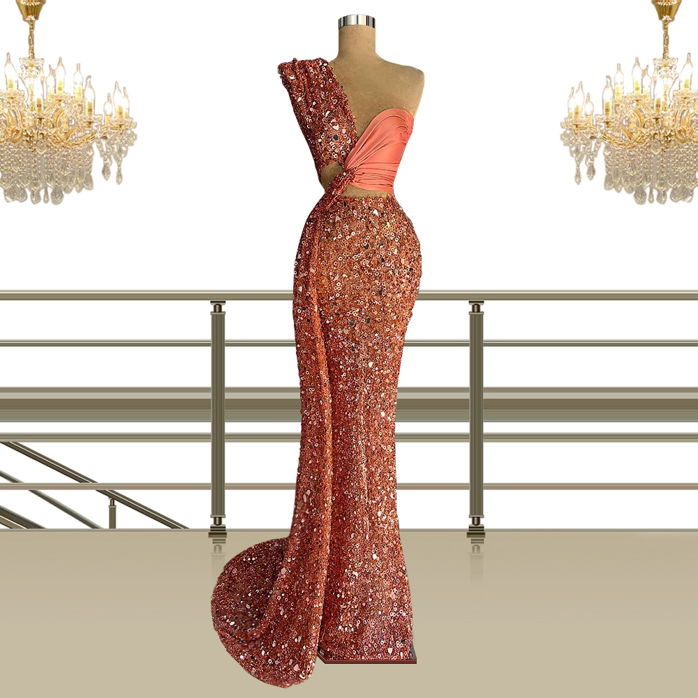 Luxurious Sparking Orange Prom Dresses One Shoulder Sequins Sheath Evening Dress Custom Made Floor Length Sleeveless Celebrity Party Gown