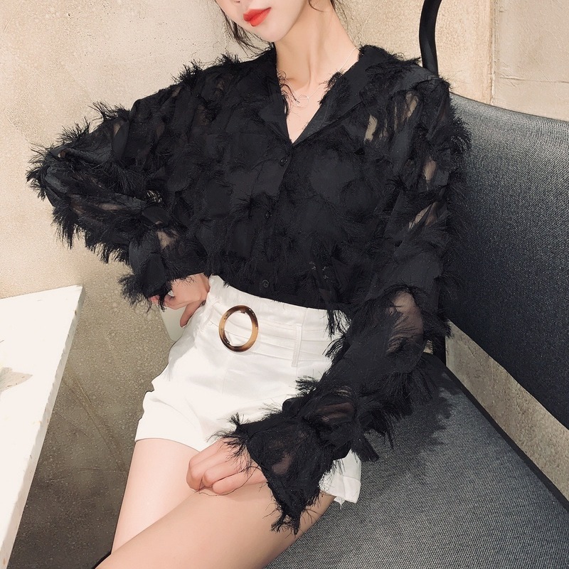 Spring Shirts Vintage Blouse Women White Long Sleeve Blouses Button Hong Kong Style Feather Shirt Tassel Chiffon Tops 12692 210506