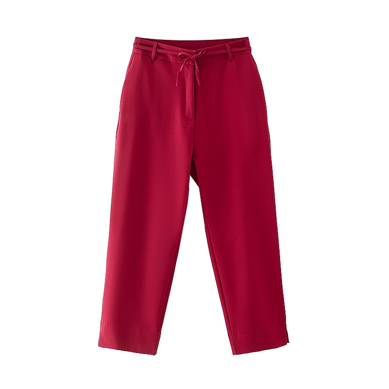 Elegant Women Chic Solid Red Straight Trousers Fashion Ladies Drawsting Pants Streetwear Female Causal Long 210430