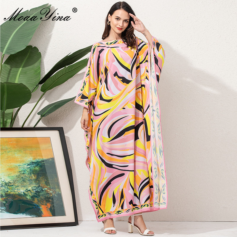 Fashion Runway Loose Maxi Dress Women Elegant Ethnic Print Chiffon Long Batwing Sleeve Oversize Dressing Gowns 210524