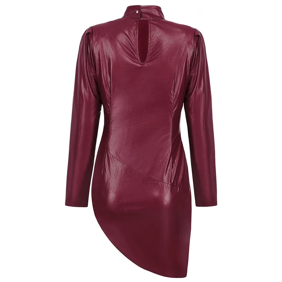 Free Elegant Women's Burgundy Faux Leather Dress Stand Collar Long Sleeve Bodycon Irregular Club Party 210524