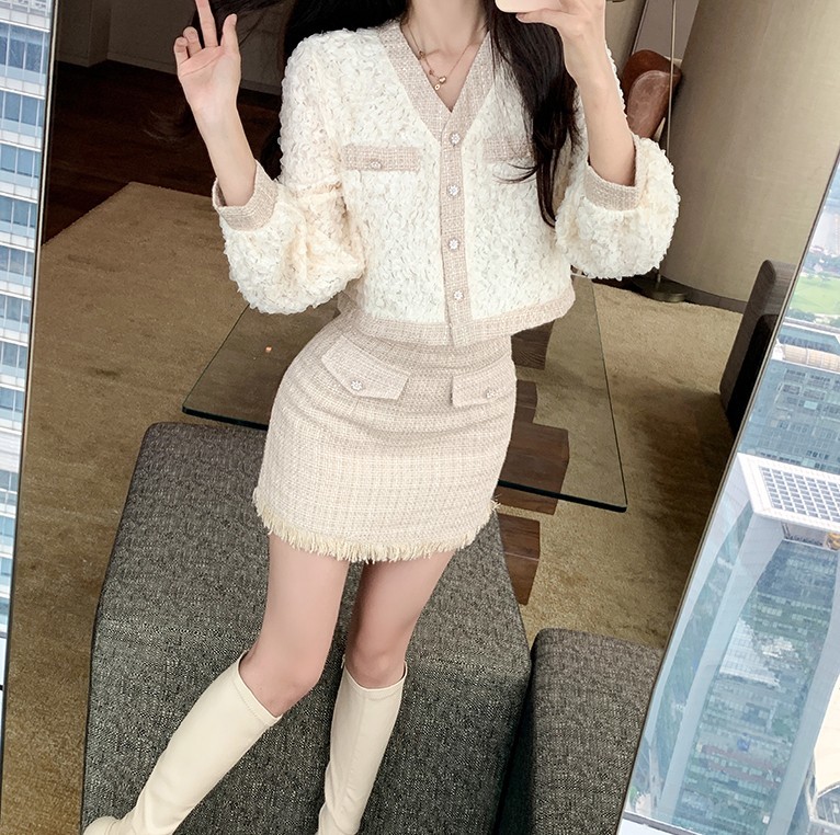 Autumn Fashion Two piece Set Women Tweed patchwork Long Sleeve Crop Tops + Tassel Bodycon Mini Skirt Suits 210518