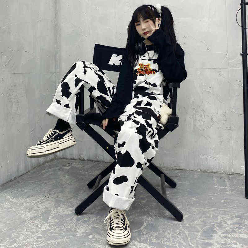HOUZHOU Hippie Cow Print Jumpsuits Harajuku Patterned Trousers Korean Style Overalls Casual Baggy Wide Leg Pants Spring 211124