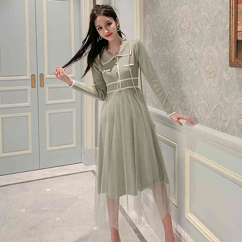 Comelsexy Autumn Women Small Fragrance Color Contrast Lapel Pearl Mesh Stitching Knit Dress Sweet Slim Dress Vestidos 210515