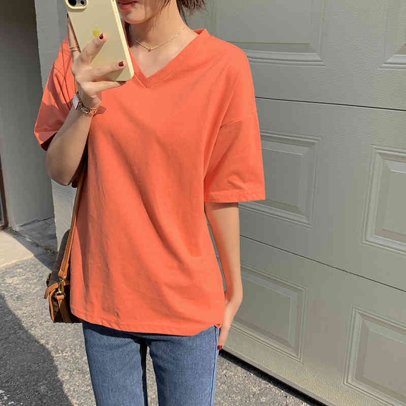 Summer Short Sleeves All Match Loose Casual Brief Female Streetwear Cotton Minimalist Tops V-Neck Women T-Shirts 210421