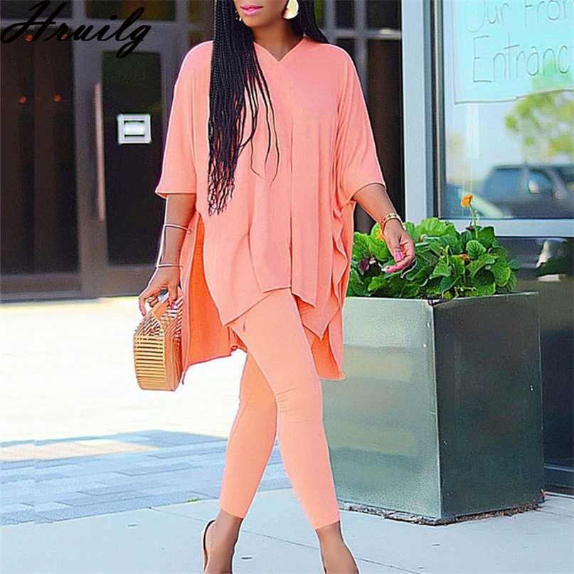 Fall Clothes for Women 2 Peice Sets Half Sleeve V Neck Oversize Tops Pencil Pants Set Solid Autumn Sweat Suits Fashion Outfits 211105
