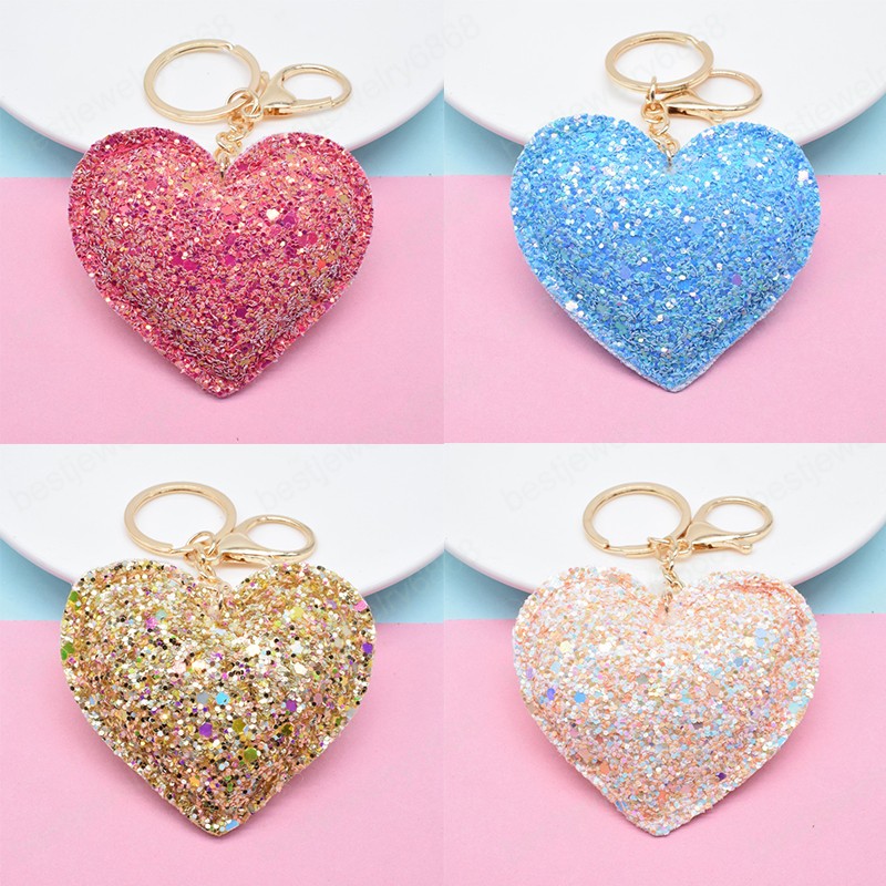 Sweet Glitter Love Keychain Flashing Sequin Key Chain for Women Backpack Pendant Key Ring Trinkets Handbag Ornament
