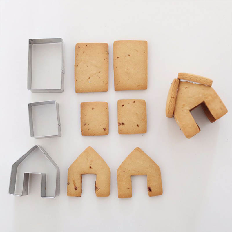 Christmas Gingerbread Mold Kitchen Gadgets Stainless Steel Cute Biscuit Cutter Set Cookie Mould 3 Pcs Mini House Shape