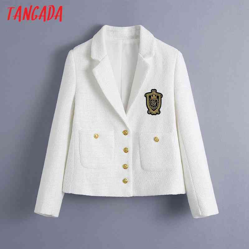 Women White Tweed Crop Embroidery Female Long Sleeve Vintage Jacket Ladies Blazer Formal Suits BE390 210416