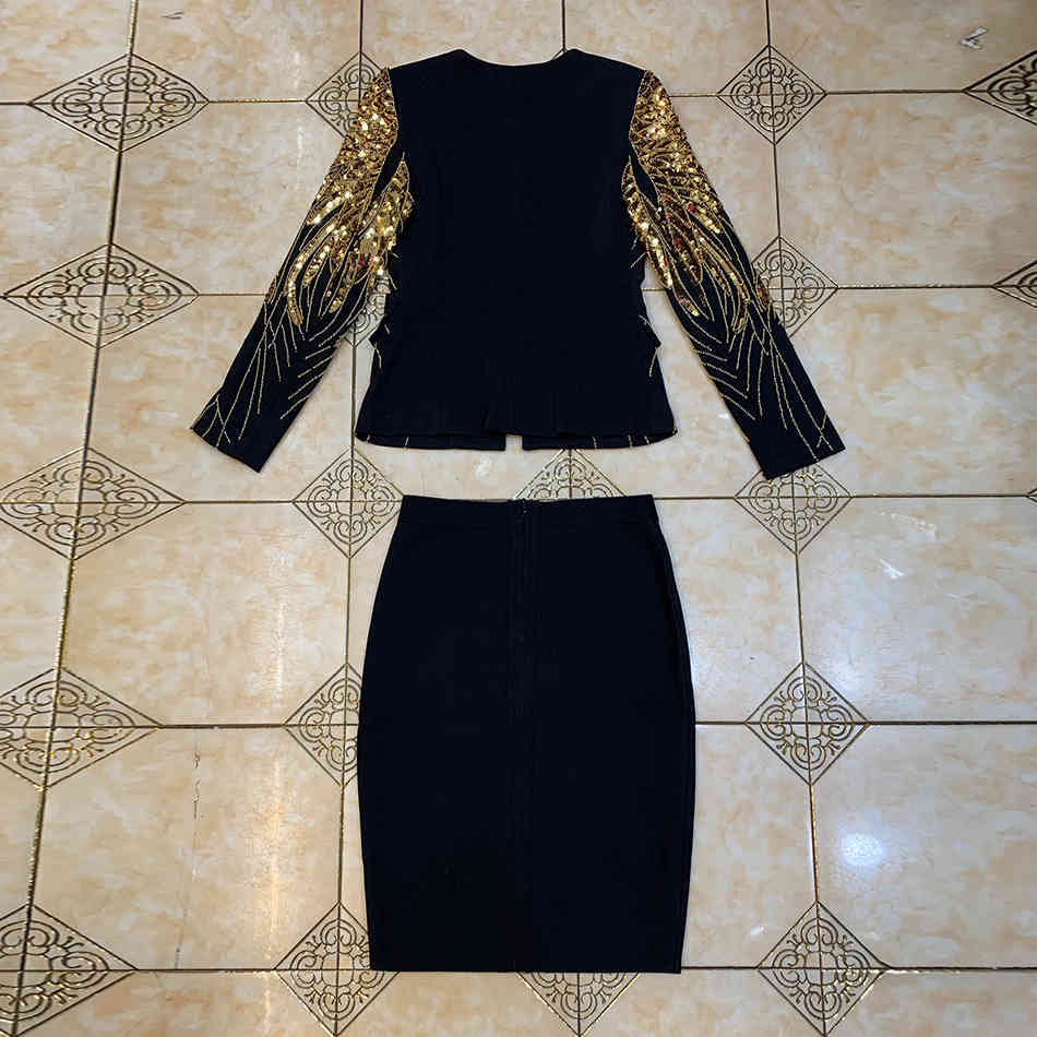 Free High Quality Sexy Party Set Long Sleeve Sequined Beaded Jacket & Tight Bandage Skirt Women Two-piece 210524