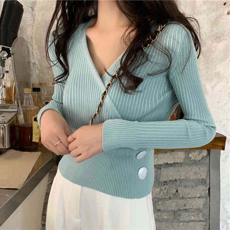 Colorfaith New Autumn Winter Women's Sweaters Pullover V-Neck Sexy Cross Minimalist Slim Bottoming Solid Lady Tops SW33561 210413