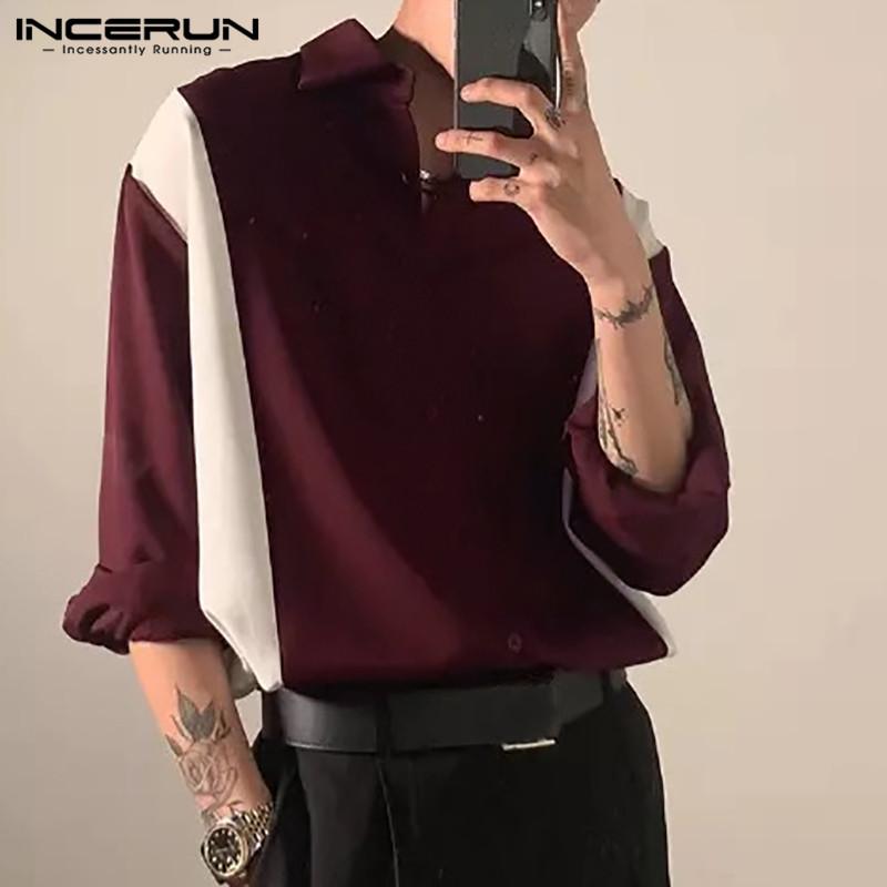 Long Sleeve Patchwork Camisa INCERUN Men Shirts Leisure Man Elegant Lapel Neck Blusas 2021 Fashion Buttons Chemise Masculina 5XL Men's Casua