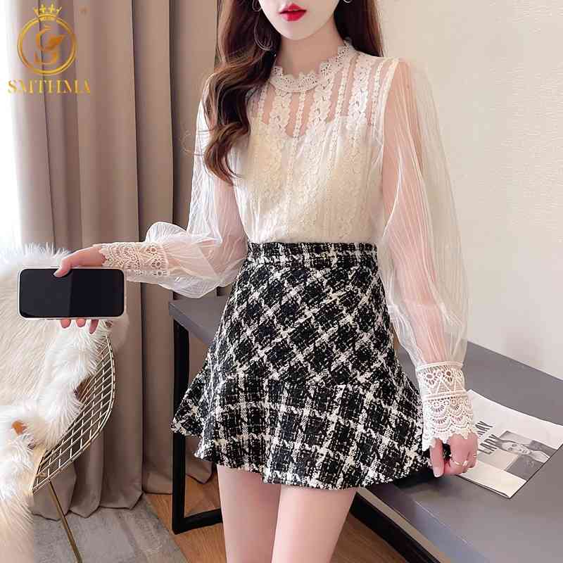 Spring Sweet Mesh Patchwork Lace Shirt Two Pieces Set + Trumpet Mermaid High Waist Tweed Woollen Skirt Suit 210520
