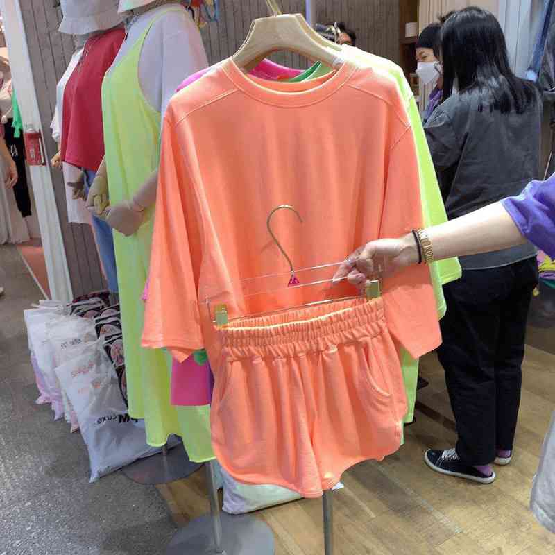 Matching Sets Summer Candy Color Plus Size Cotton Thin Fashion Casual O Neck Short Sleeve T Shirts Tops Clothing Shorts 210429