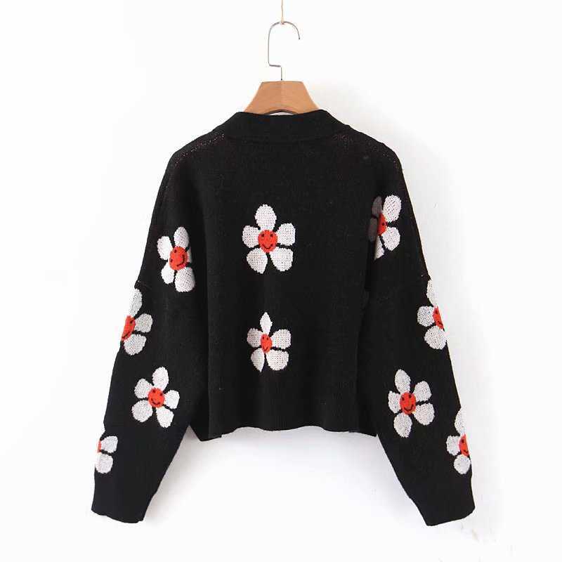 H.SA Winter Arrivals Women Floral Cardigans V Neck Button Up Black Cardigans Cashmere Sweater Sweet Floral Coat 210716