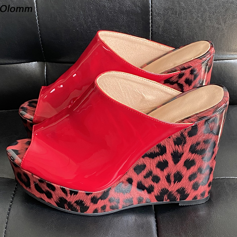 Rontic Women Platform Mules Sandals Slippers Red Leopard Wedges Heels Open Toe Gorgeous Party Shoes Women US Plus Size 5-20
