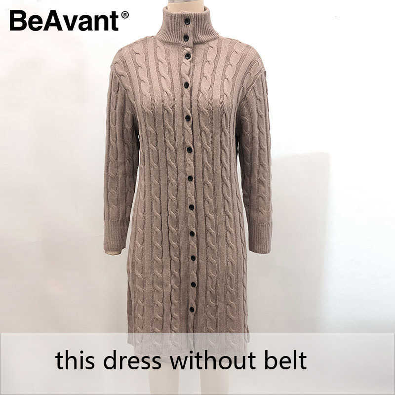 BeAvant Casual stand collar women knitted dress Autumn winter long sleeve button dress High street style female sweater dress 210709