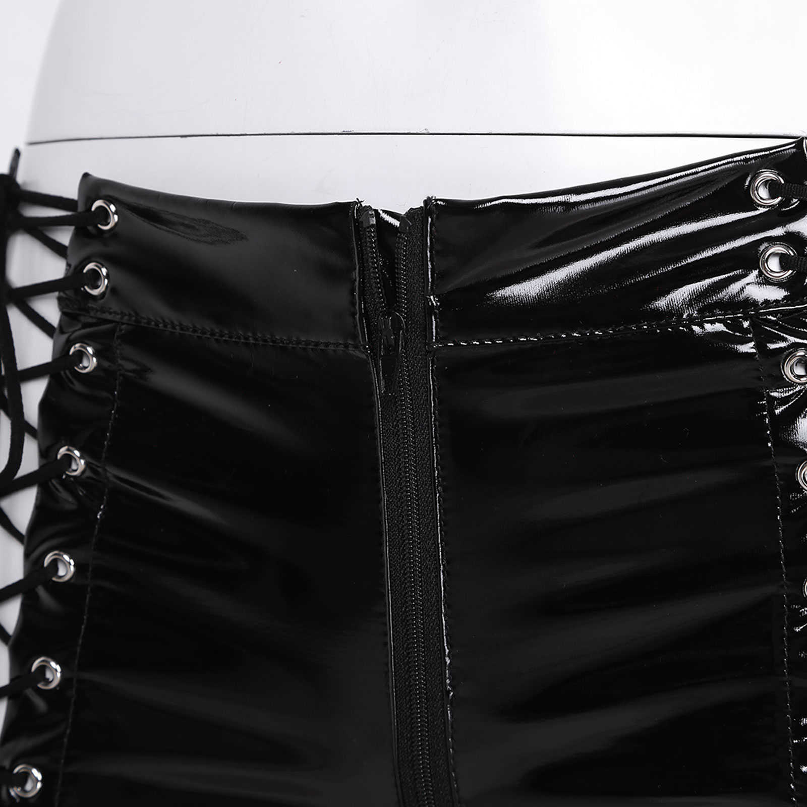 Womens Wetlook Sexy Mini Shorts Leather Low Rise Hollow Out Lace-up Zipper Crotch Booty for Night Cocktail Party Clubwear 210724
