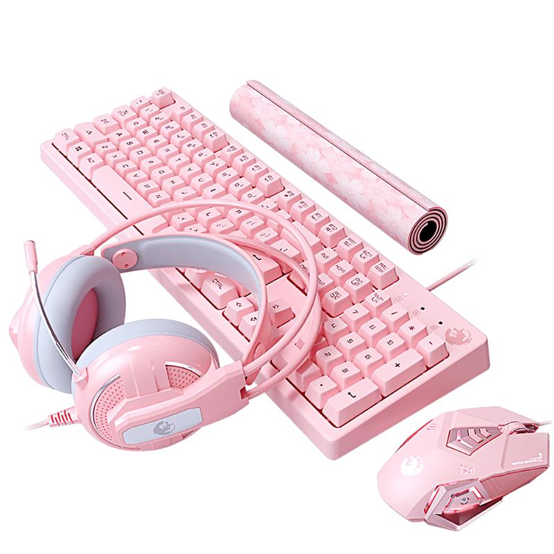 Keyboard Mouse Combos Set Gaming Mechanical Wired Headphone With Microphone Breathing Light For PC Computer Laptop Pink