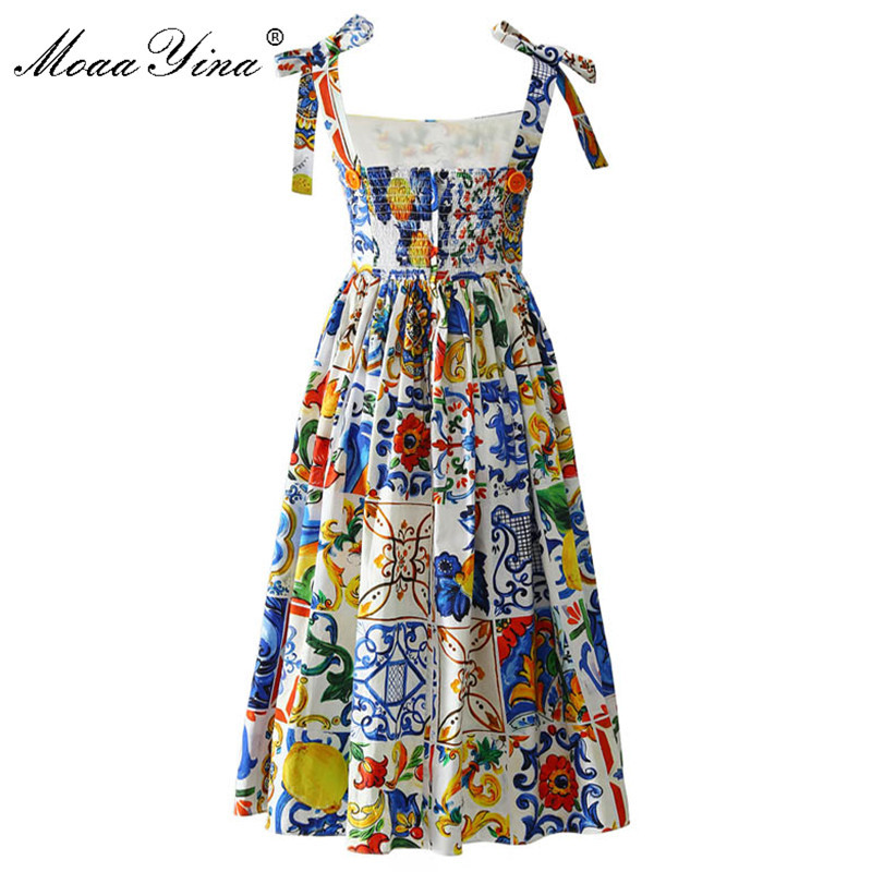 Fashion Runway Custom Summer Cotton Dress Women's High Quality Painted Pottery Printed Bow Spaghetti Strap Party 210524