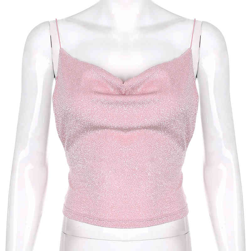 SUCHCUTE Spaghetti Straps female T-shirt Glitter backless tops loose spring simple women tee chrismas party outfits 210406