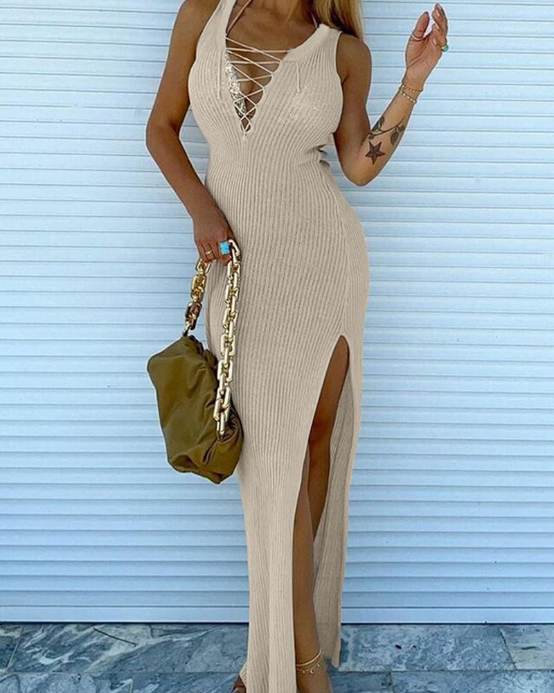 Casual Dresses Pure Color Tie V Neck Split Thigh Rib Knit Dress Summer Ladies Sexy Slim Sleeveless Long Professional Wear 2021, Beige
Casual Dresses Pure Color Tie V Neck Split Thigh Rib Knit Dress Summer Ladies Sexy Slim Sleeveless Long Professional Wear 2021, Beige