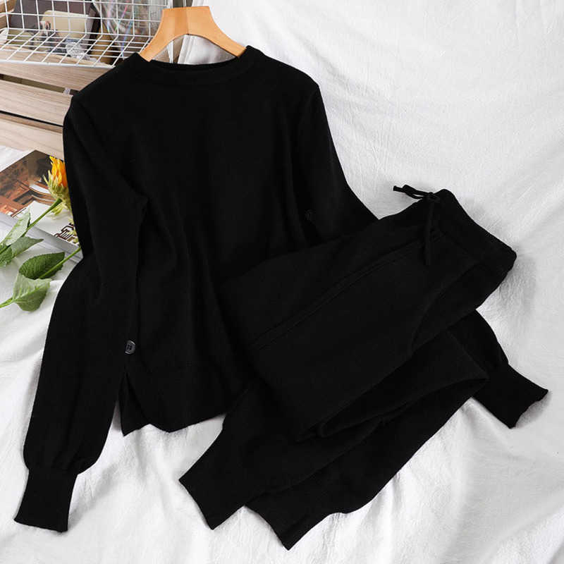 DEAT Spring Autumn Women Fashion Round Neck Long Sleeve Loose Top Harun Pants Casual Knitted Two Piece Set RD839 210709