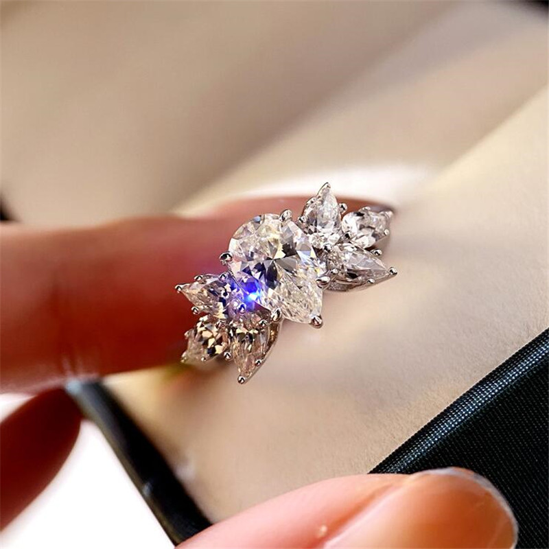 Ins Spakrling Handmade Sweet Cute Wedding Ring Luxury Jewelry925 Sterling Silver Water Drop 5A Zircon CZ Diamond Gemstonens Women Engagement Band Ring
