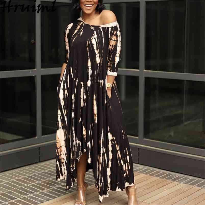 Style Long Dress Wide Neck Tie-dye Women Pockets Casual Ankle-Length O-Neck Lrregular Hem Loose Vestidos Largos 210513