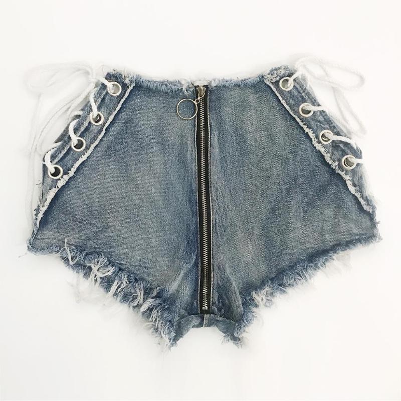 Women Sexy Denim Shorts Adjustable Drawstring Hollow Out Club Style High Waist Button Zipper Tassel Blue Short Jeans Women's