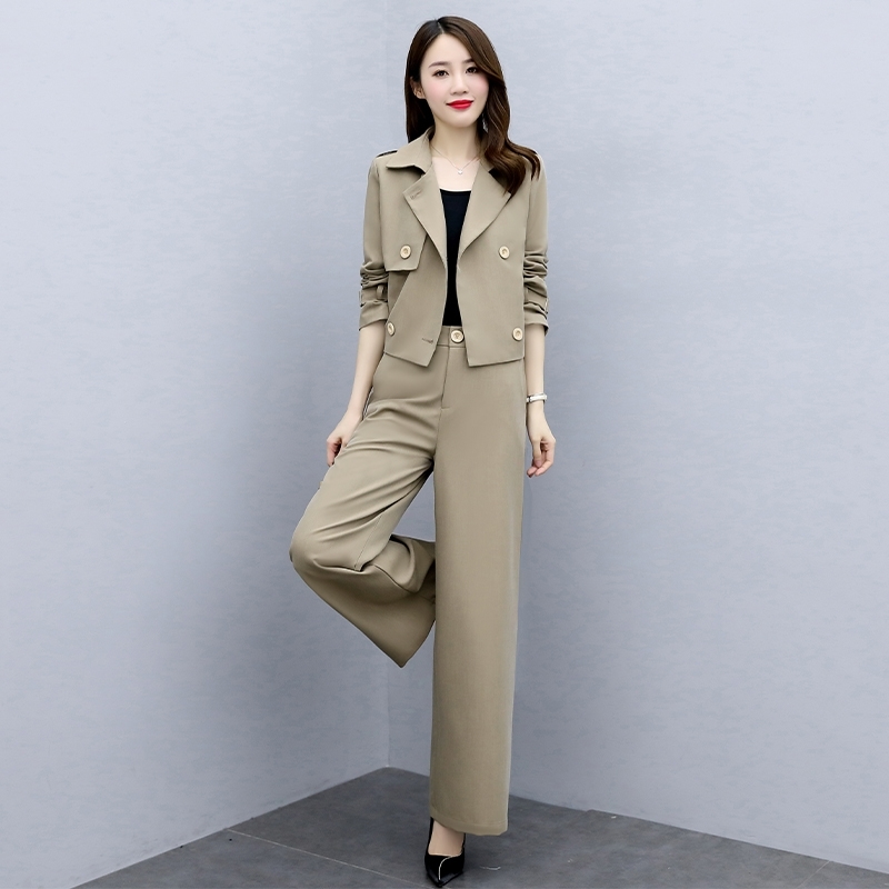 Autumn Fashion Office Two Piece Sets Suits Women Double-breasted Coat + Wide Leg Pants Outfits Workwear Ladies Femme 210514