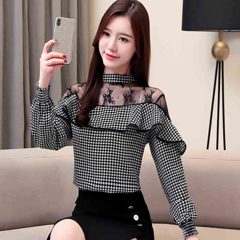 Blusas Mujer De Moda Women Long Sleeve Chiffon Blouse Womens and Blouses Dot Ruffles Stand Collar Ladies Tops 2460 50 210417