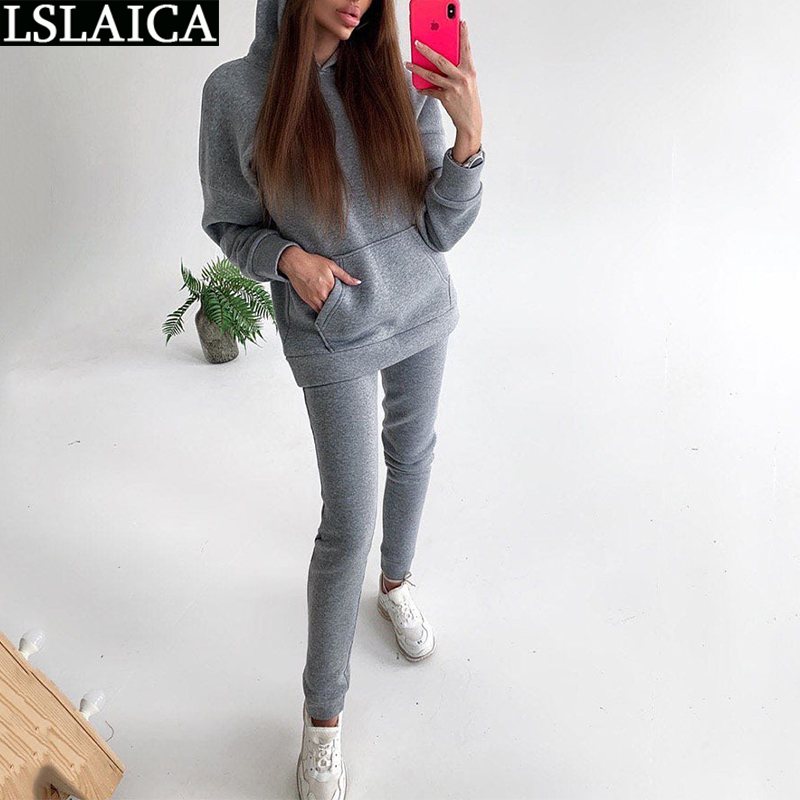 Casual Tracksuit Women Two Piece Set Hooded Long Sleeve Pocket Tops Full Length Pants Autumn Solid Sportswear Clothing 210520